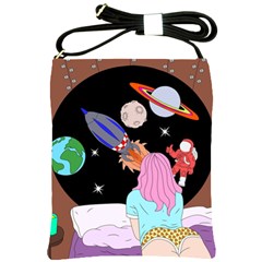 Girl Bed Space Planets Spaceship Rocket Astronaut Galaxy Universe Cosmos Woman Dream Imagination Bed Shoulder Sling Bag