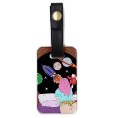 Girl Bed Space Planets Spaceship Rocket Astronaut Galaxy Universe Cosmos Woman Dream Imagination Bed Luggage Tag (one Side) by Maspions