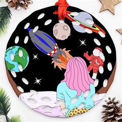 Girl Bed Space Planets Spaceship Rocket Astronaut Galaxy Universe Cosmos Woman Dream Imagination Bed Ornament (round Filigree)