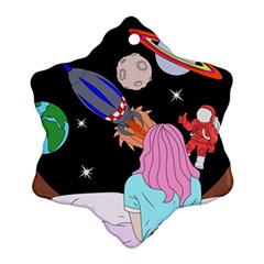 Girl Bed Space Planets Spaceship Rocket Astronaut Galaxy Universe Cosmos Woman Dream Imagination Bed Snowflake Ornament (two Sides) by Maspions