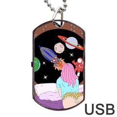 Girl Bed Space Planets Spaceship Rocket Astronaut Galaxy Universe Cosmos Woman Dream Imagination Bed Dog Tag Usb Flash (two Sides) by Maspions