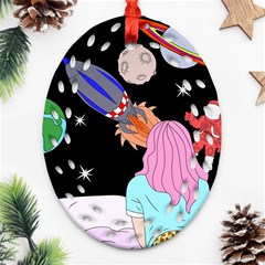 Girl Bed Space Planets Spaceship Rocket Astronaut Galaxy Universe Cosmos Woman Dream Imagination Bed Ornament (oval Filigree)