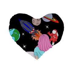 Girl Bed Space Planets Spaceship Rocket Astronaut Galaxy Universe Cosmos Woman Dream Imagination Bed Standard 16  Premium Heart Shape Cushions by Maspions