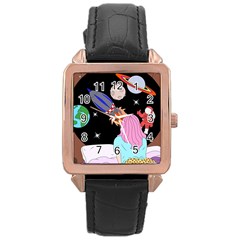 Girl Bed Space Planets Spaceship Rocket Astronaut Galaxy Universe Cosmos Woman Dream Imagination Bed Rose Gold Leather Watch  by Maspions