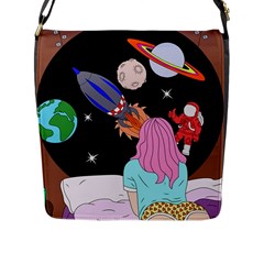 Girl Bed Space Planets Spaceship Rocket Astronaut Galaxy Universe Cosmos Woman Dream Imagination Bed Flap Closure Messenger Bag (l) by Maspions