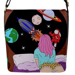 Girl Bed Space Planets Spaceship Rocket Astronaut Galaxy Universe Cosmos Woman Dream Imagination Bed Flap Closure Messenger Bag (s)