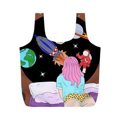 Girl Bed Space Planets Spaceship Rocket Astronaut Galaxy Universe Cosmos Woman Dream Imagination Bed Full Print Recycle Bag (m) by Maspions