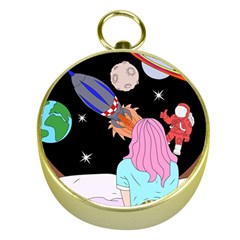 Girl Bed Space Planets Spaceship Rocket Astronaut Galaxy Universe Cosmos Woman Dream Imagination Bed Gold Compasses by Maspions