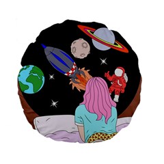 Girl Bed Space Planets Spaceship Rocket Astronaut Galaxy Universe Cosmos Woman Dream Imagination Bed Standard 15  Premium Flano Round Cushions