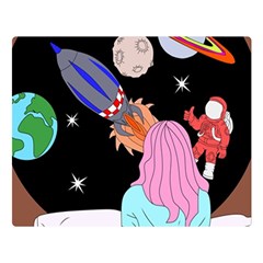 Girl Bed Space Planets Spaceship Rocket Astronaut Galaxy Universe Cosmos Woman Dream Imagination Bed Two Sides Premium Plush Fleece Blanket (large) by Maspions