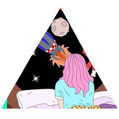 Girl Bed Space Planets Spaceship Rocket Astronaut Galaxy Universe Cosmos Woman Dream Imagination Bed Wooden Puzzle Triangle by Maspions