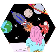 Girl Bed Space Planets Spaceship Rocket Astronaut Galaxy Universe Cosmos Woman Dream Imagination Bed Wooden Puzzle Hexagon