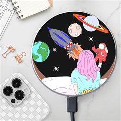 Girl Bed Space Planets Spaceship Rocket Astronaut Galaxy Universe Cosmos Woman Dream Imagination Bed Wireless Fast Charger(white)