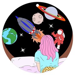 Girl Bed Space Planets Spaceship Rocket Astronaut Galaxy Universe Cosmos Woman Dream Imagination Bed Uv Print Acrylic Ornament Round by Maspions