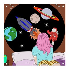 Girl Bed Space Planets Spaceship Rocket Astronaut Galaxy Universe Cosmos Woman Dream Imagination Bed Banner And Sign 4  X 4  by Maspions