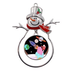 Girl Bed Space Planets Spaceship Rocket Astronaut Galaxy Universe Cosmos Woman Dream Imagination Bed Metal Snowman Ornament by Maspions