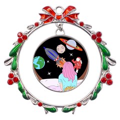 Girl Bed Space Planets Spaceship Rocket Astronaut Galaxy Universe Cosmos Woman Dream Imagination Bed Metal X mas Wreath Ribbon Ornament