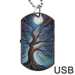 Tree Branches Mystical Moon Expressionist Oil Painting Acrylic Painting Abstract Nature Moonlight Ni Dog Tag Usb Flash (one Side) by Maspions