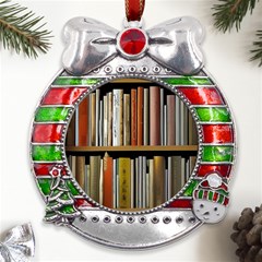 Book Nook Books Bookshelves Comfortable Cozy Literature Library Study Reading Reader Reading Nook Ro Metal X mas Ribbon With Red Crystal Round Ornament by Maspions