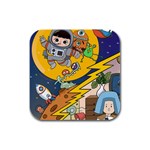 Astronaut Moon Monsters Spaceship Universe Space Cosmos Rubber Square Coaster (4 pack) Front