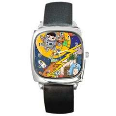 Astronaut Moon Monsters Spaceship Universe Space Cosmos Square Metal Watch by Maspions