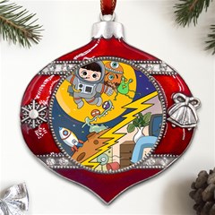 Astronaut Moon Monsters Spaceship Universe Space Cosmos Metal Snowflake And Bell Red Ornament by Maspions