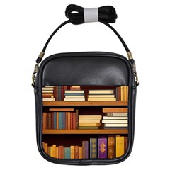 Book Nook Books Bookshelves Comfortable Cozy Literature Library Study Reading Room Fiction Entertain Girls Sling Bag by Maspions