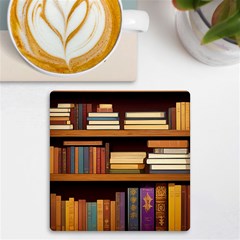 Book Nook Books Bookshelves Comfortable Cozy Literature Library Study Reading Room Fiction Entertain Uv Print Square Tile Coaster  by Maspions