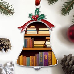 Book Nook Books Bookshelves Comfortable Cozy Literature Library Study Reading Room Fiction Entertain Metal Holly Leaf Bell Ornament by Maspions