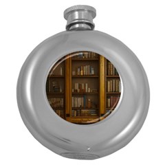 Books Book Shelf Shelves Knowledge Book Cover Gothic Old Ornate Library Round Hip Flask (5 Oz)