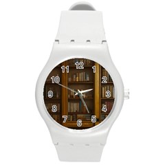 Books Book Shelf Shelves Knowledge Book Cover Gothic Old Ornate Library Round Plastic Sport Watch (m) by Maspions