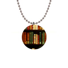 Books Bookshelves Library Fantasy Apothecary Book Nook Literature Study 1  Button Necklace by Grandong