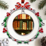 Books Bookshelves Library Fantasy Apothecary Book Nook Literature Study Metal X mas Wreath Ribbon Ornament Front