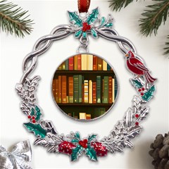 Books Bookshelves Library Fantasy Apothecary Book Nook Literature Study Metal X mas Wreath Holly Leaf Ornament by Grandong