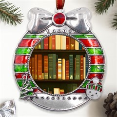 Books Bookshelves Library Fantasy Apothecary Book Nook Literature Study Metal X mas Ribbon With Red Crystal Round Ornament by Grandong