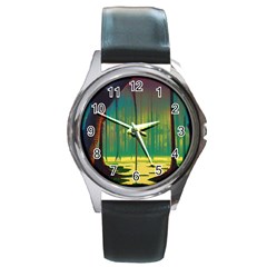 Nature Swamp Water Sunset Spooky Night Reflections Bayou Lake Round Metal Watch by Grandong