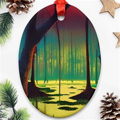 Nature Swamp Water Sunset Spooky Night Reflections Bayou Lake Ornament (oval) by Grandong