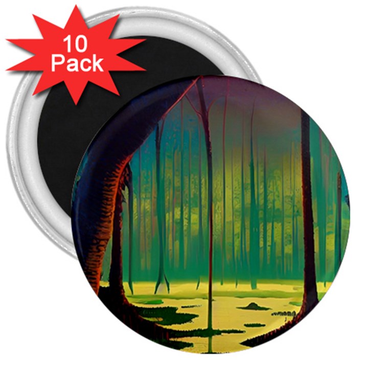 Nature Swamp Water Sunset Spooky Night Reflections Bayou Lake 3  Magnets (10 pack) 