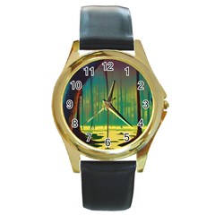 Nature Swamp Water Sunset Spooky Night Reflections Bayou Lake Round Gold Metal Watch by Grandong