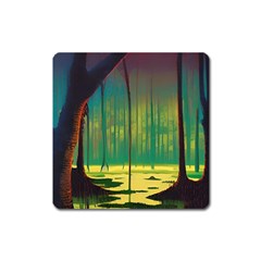 Nature Swamp Water Sunset Spooky Night Reflections Bayou Lake Square Magnet by Grandong