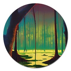 Nature Swamp Water Sunset Spooky Night Reflections Bayou Lake Magnet 5  (round) by Grandong