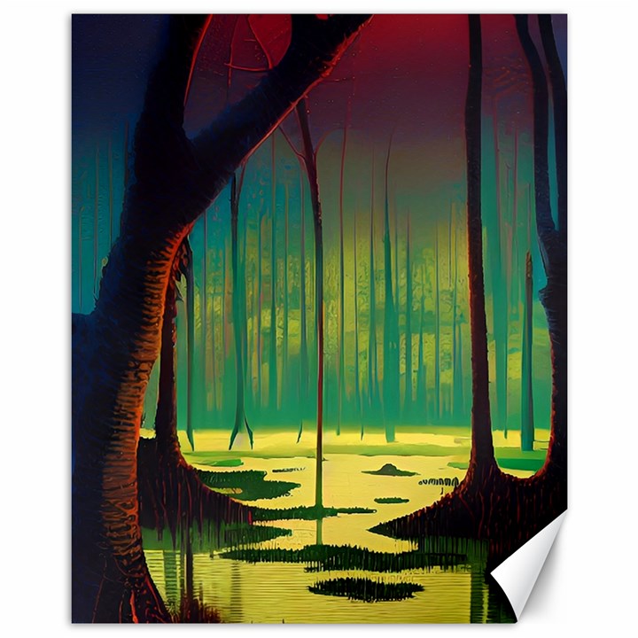 Nature Swamp Water Sunset Spooky Night Reflections Bayou Lake Canvas 11  x 14 