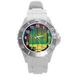 Nature Swamp Water Sunset Spooky Night Reflections Bayou Lake Round Plastic Sport Watch (L) Front