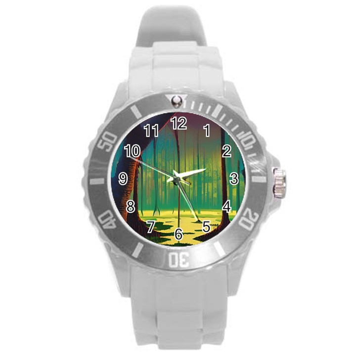 Nature Swamp Water Sunset Spooky Night Reflections Bayou Lake Round Plastic Sport Watch (L)