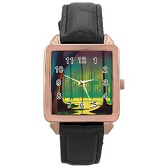 Nature Swamp Water Sunset Spooky Night Reflections Bayou Lake Rose Gold Leather Watch  by Grandong