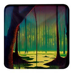 Nature Swamp Water Sunset Spooky Night Reflections Bayou Lake Square Glass Fridge Magnet (4 Pack) by Grandong