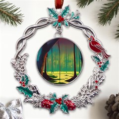 Nature Swamp Water Sunset Spooky Night Reflections Bayou Lake Metal X mas Wreath Holly Leaf Ornament by Grandong