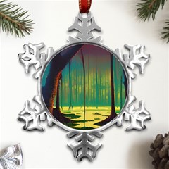 Nature Swamp Water Sunset Spooky Night Reflections Bayou Lake Metal Small Snowflake Ornament by Grandong