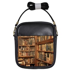 Room Interior Library Books Bookshelves Reading Literature Study Fiction Old Manor Book Nook Reading Girls Sling Bag by Grandong