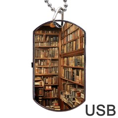 Room Interior Library Books Bookshelves Reading Literature Study Fiction Old Manor Book Nook Reading Dog Tag Usb Flash (one Side) by Grandong